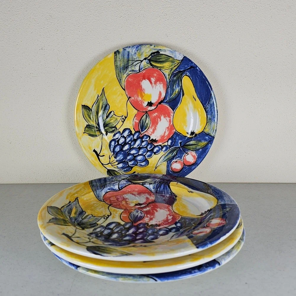 4 Pier 1 salad/dessert Plate Grapes Apples Pear Blue Yellow 8